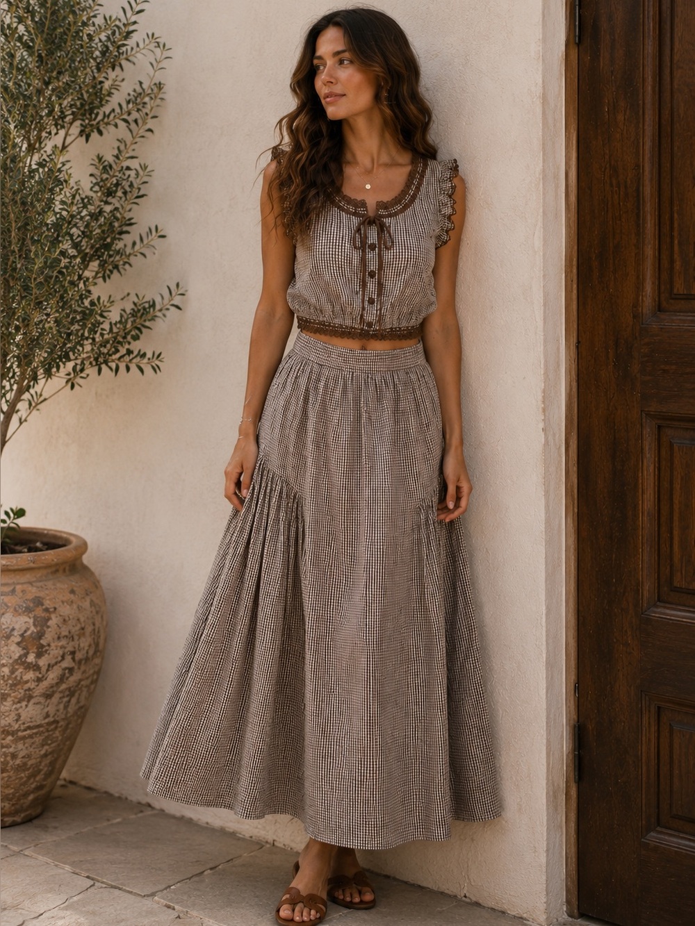 Caroline Constas Gingham Lace Trim Top Maxi Skirt Set XS NWT